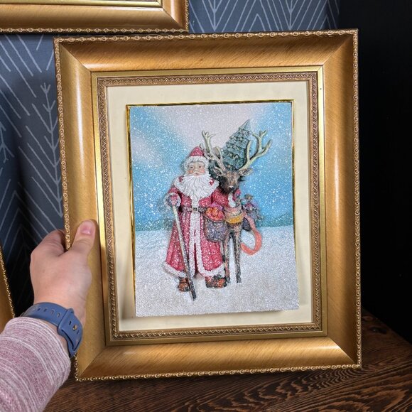Vintage 3D Santa with Reindeer Framed Christmas Decor Textured Relief Wall Art - Picture 4 of 14